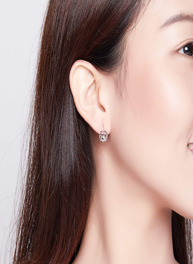 Izpack Fashion Rose Flower Sterling Silver CZ Filigree Small Hoop Earrings for Women Minimalist Sleeper Cartilage Tiny Leverback Studs Huggie Hinged Hoops Birthday Gifts Cute Jewelry - Image 3